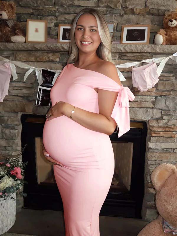 Mumsmode Roze Zwangerschaps Maxi Jurk Strik Één Schouder Elegant Babyshower