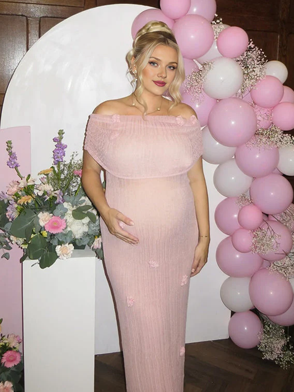 Mumsmode Zwangerschaps Maxi BabyShower Jurk Chique Off Shoulder Tule 3D Bloemen Bodycon