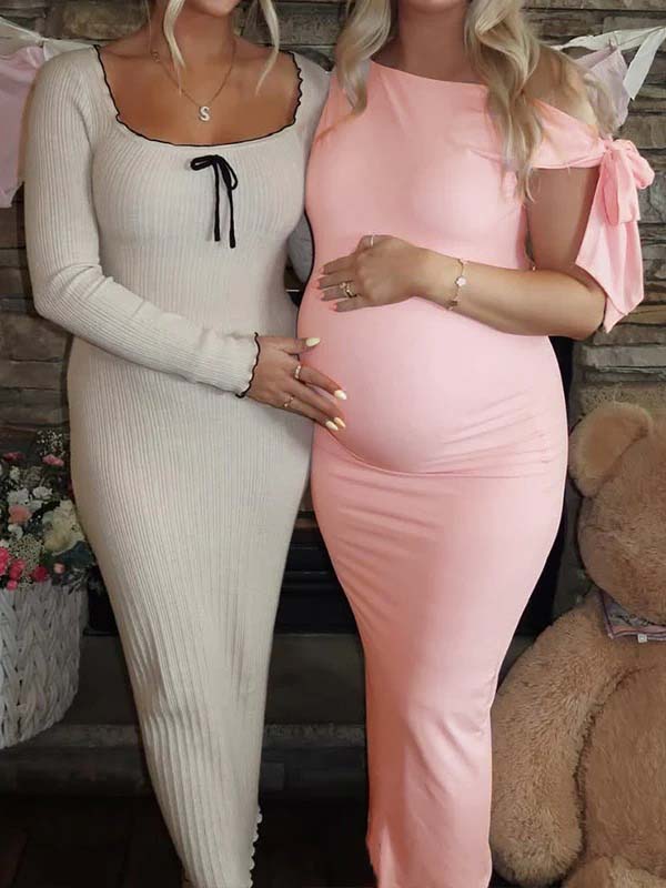Mumsmode Roze Zwangerschaps Maxi Jurk Strik Één Schouder Elegant Babyshower