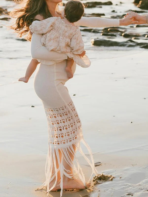 Mumsmode Zwangerchaps Maxi Fotoshoot Jurken Elegant Breien Kwasten Uithollen Bandeau Off Shoulder