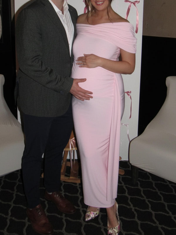 Mumsmode Roze Zwangerschaps Maxi Jurk Off-Shoulder Gedrapeerd Babyshower