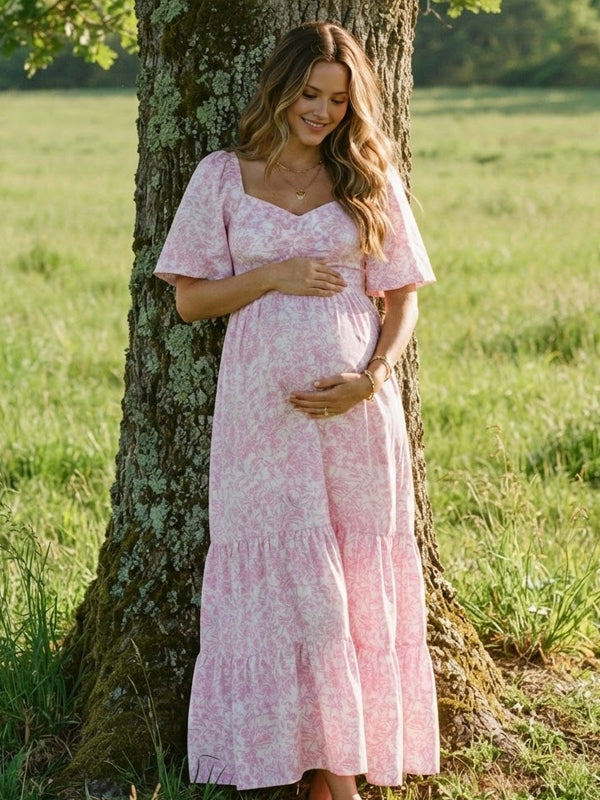 Smocked Bloemenprint Pofmouwen Fotoshoot Zwangerschaps Maxi Jurk