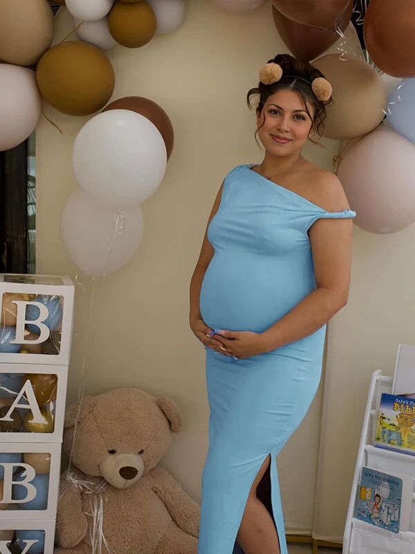 Mumsmode Zwangerschaps Maxi Jurk Één Schouder Geplooid Zijsplit Bodycon Babyshower
