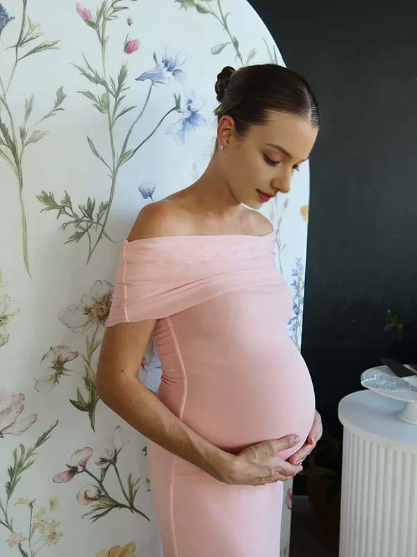 Mumsmode Chique Roze Off Shoulder Bodycon Rugloos Babyshower Zwangerschaps Maxi Jurk