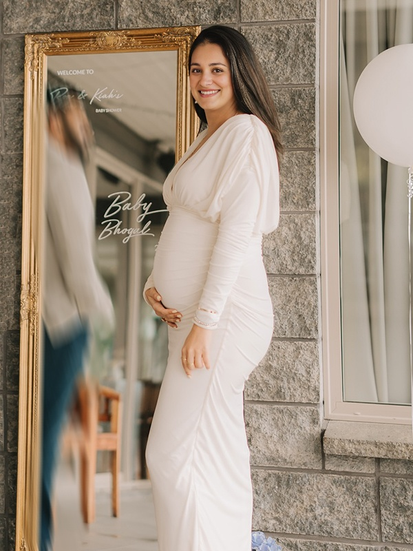 Mumsmode Babyshower Bruiloft Gast Maxi Zwangerschapsjurk Bodycon Chique Gekreukt Diepe Halslijn