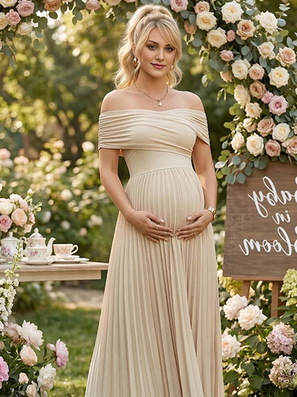 Zwangerschaps Maxi Jurk Off-Shoulder Geplooid Gekruiste Buste Zwierige Rok