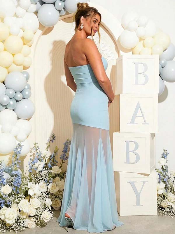 Mumsmode Chique Lichtblauw Bandeau Bodycon Zeemeermin Patchwork Tule Babyshower Zwangerschaps Maxi Jurk