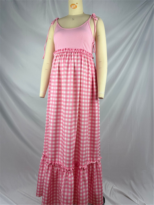 Mumsmode Zwangerchaps Maxi BabyShower Jurk Schat meisje Plaid Spaghetti Gekreukt Ronde Hals Roze