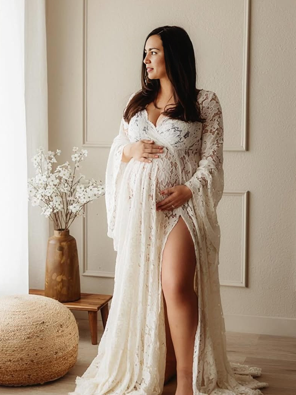 Mumsmode Zwangerchaps Maxi Fotoshoot Jurken Elegant Boheems Kanten Zijsplit Flare Mouw
