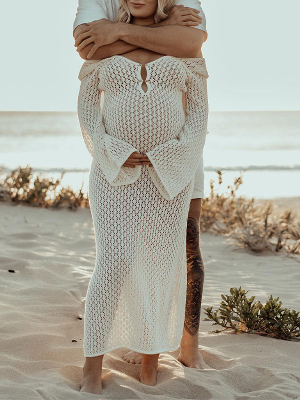 Mumsmode Witte Zwangerschaps Maxi Jurk Uitsnede Rugloos Uitlopende Mouwen Als Strand Cover-Up Voor Fotoshoot
