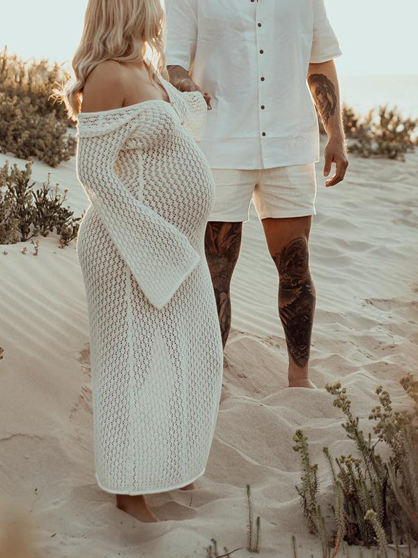 Mumsmode Witte Zwangerschaps Maxi Jurk Uitsnede Rugloos Uitlopende Mouwen Als Strand Cover-Up Voor Fotoshoot
