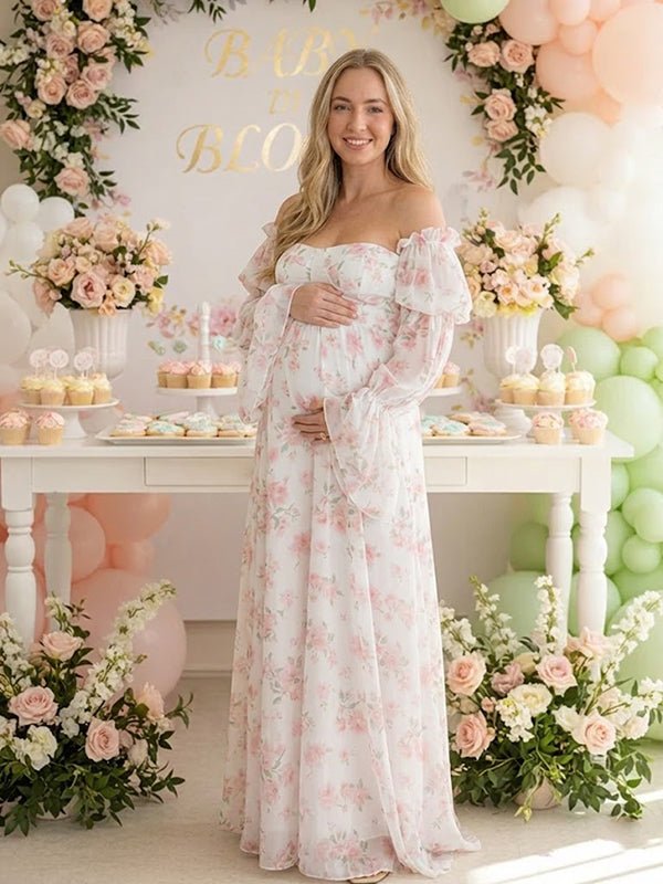 Roze Bloemen Off-Shoulder Grote Zwangerschaps Fotoshoot Maxi Jurk
