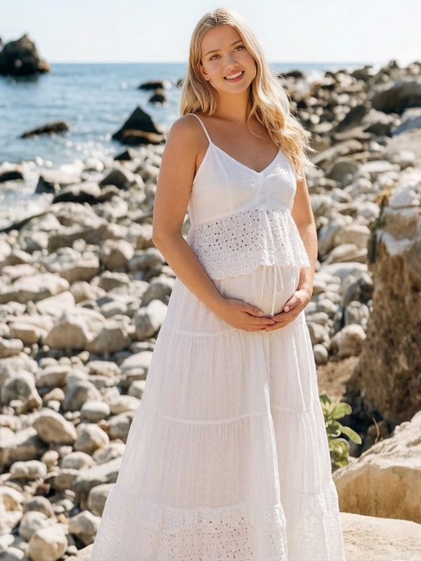 Witte Boho Zwangerschaps Tweedelige Set Maxi Jurk Kant Rugloos Spaghettibandjes