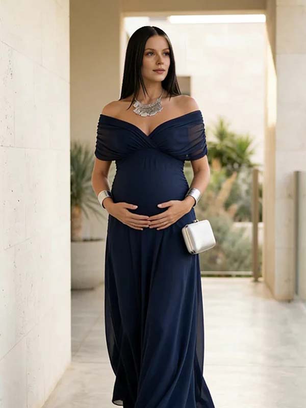 Mumsmode Elegant Tule Gekreukt Off Shoulder Vloeiend Babyshower Zwangerschaps Maxi Jurk