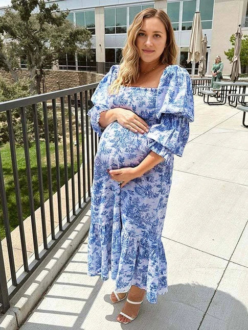 Mumsmode Blauw Schattige Zwangerschaps Maxi Jurk Ruches Geplooid Hoge Taille Pofmouwen Fotoshoot