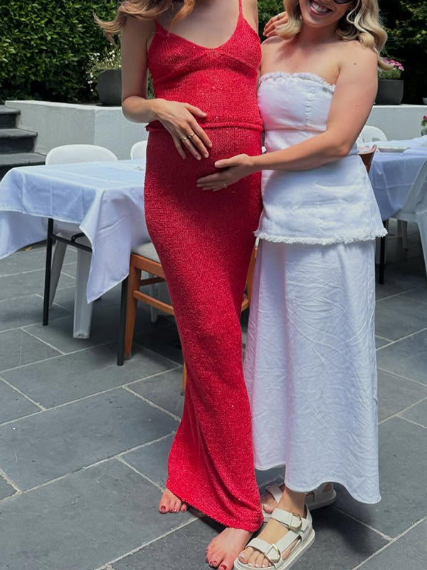 Mumsmode Zwangerschaps Bodycon Jurken Vakantie Strand 2-in-1 Gebreide Pailletten Spaghetti Maxi Jurken