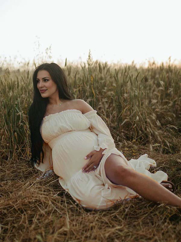 Mumsmode Zwangerchaps Fotoshoot Jurken Elegante Daily Zijsplit Ruches Gekreukt Maxi Jurken