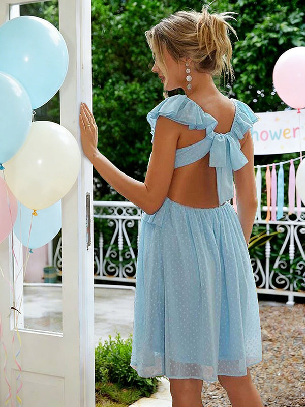Mumsmode Zwangerchaps Korte BabyShower Jurk Elegant Stippenprint Ruches Rugloos V-hals Blauw