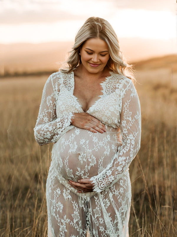 Mumsmode Zwangerschaps Kanten Maxi Jurk Elegante Boho Doorzichtige Borduursel Fotoshoot