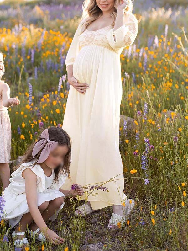 Mumsmode Zwangerschaps Fotoshoot Jurken Boheems Borduursel Bloemen Gedrapeerd Maxi Jurken