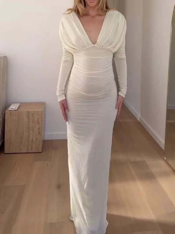 Mumsmode Babyshower Bruiloft Gast Maxi Zwangerschapsjurk Bodycon Chique Gekreukt Diepe Halslijn