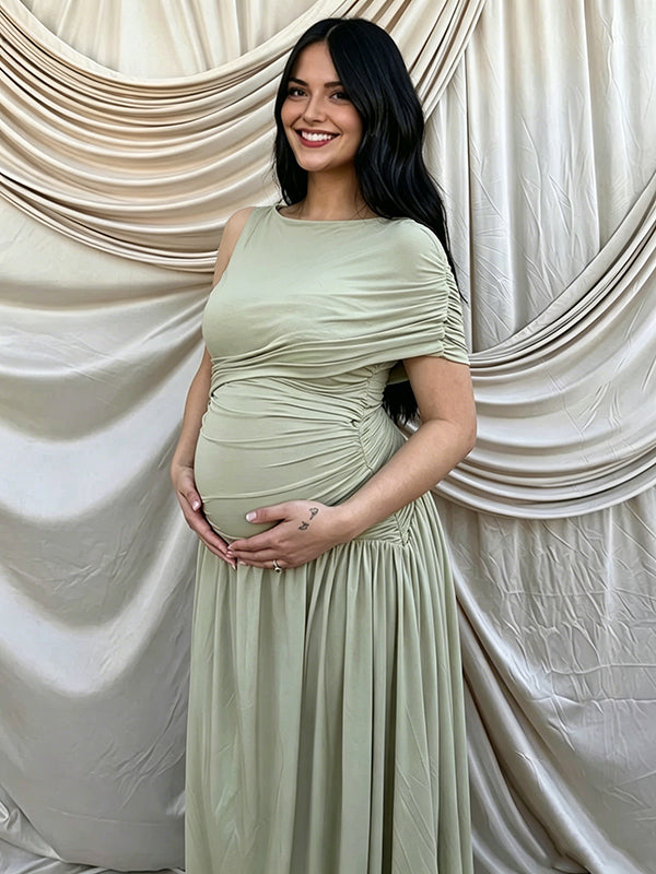 Mumsmode Zwangerschaps Maxi Jurk Babyshower Cocktail Gekreukt Onregelmatig Een Open Schouder Groen