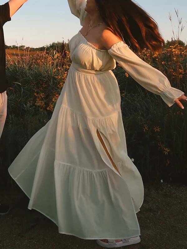 Mumsmode Zwangerschaps Daily Jurken Boheems Fotoshoot Ruches Zijsplit Off Shoulder Maxi Jurken