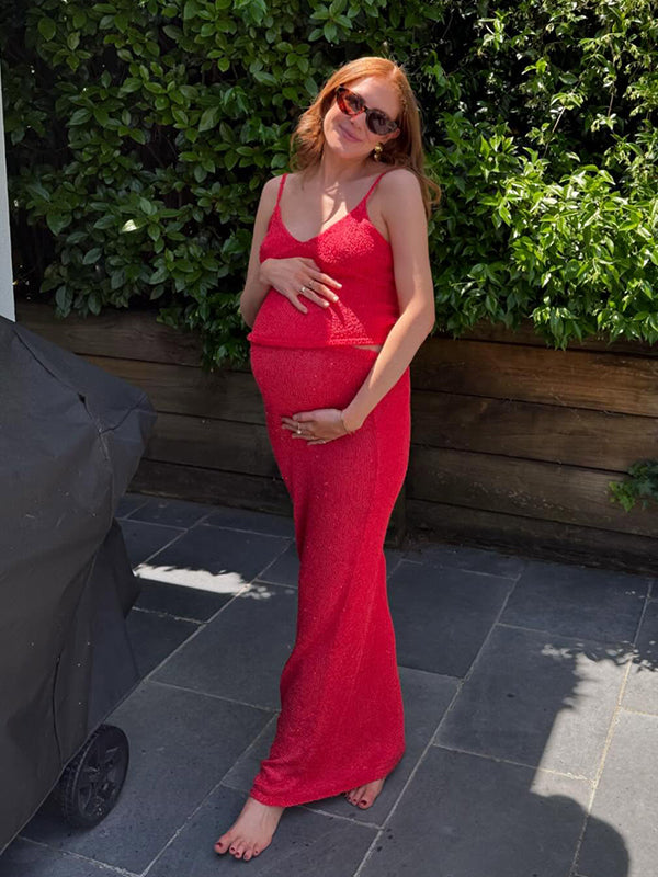 Mumsmode Zwangerschaps Bodycon Jurken Vakantie Strand 2-in-1 Gebreide Pailletten Spaghetti Maxi Jurken