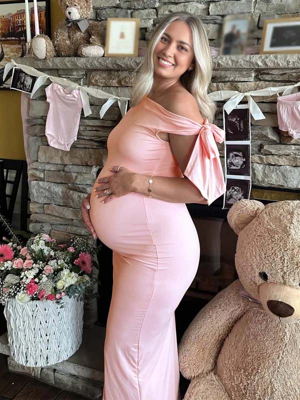 Mumsmode Roze Zwangerschaps Maxi Jurk Strik Één Schouder Elegant Babyshower
