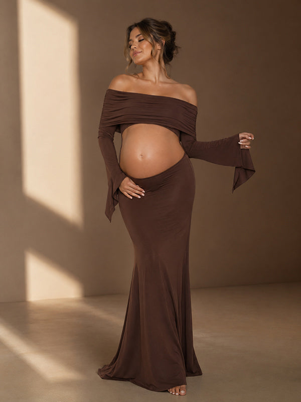 Elegante Bruine Off-Shoulder Cut-Out Maxi Zwangerschapsjurk