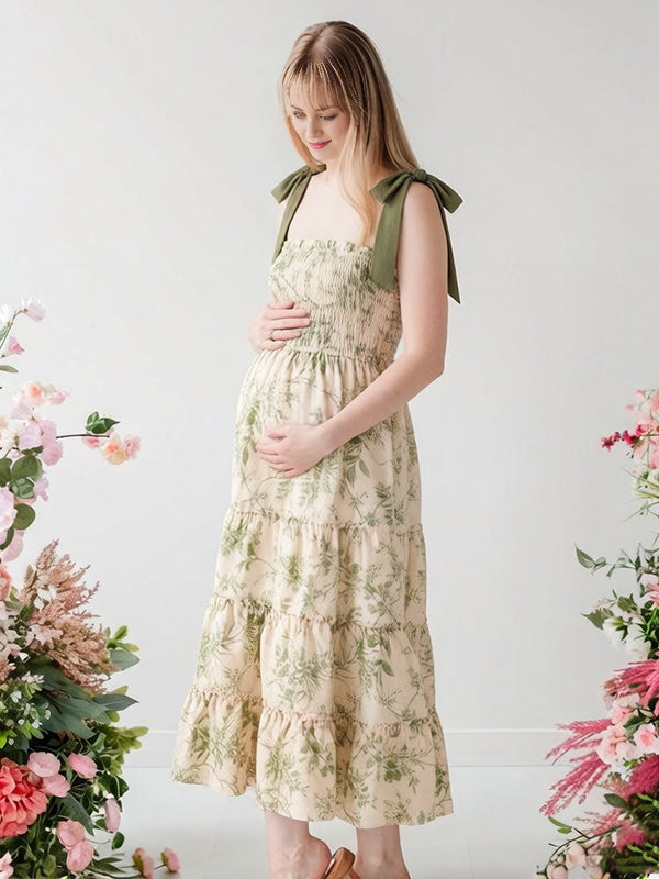 Mumsmode Chique Groen Bladeren A-Lijn Gekreukt Spaghetti Vlinderdas Fotoshoot Zwangerschaps Maxi Jurk