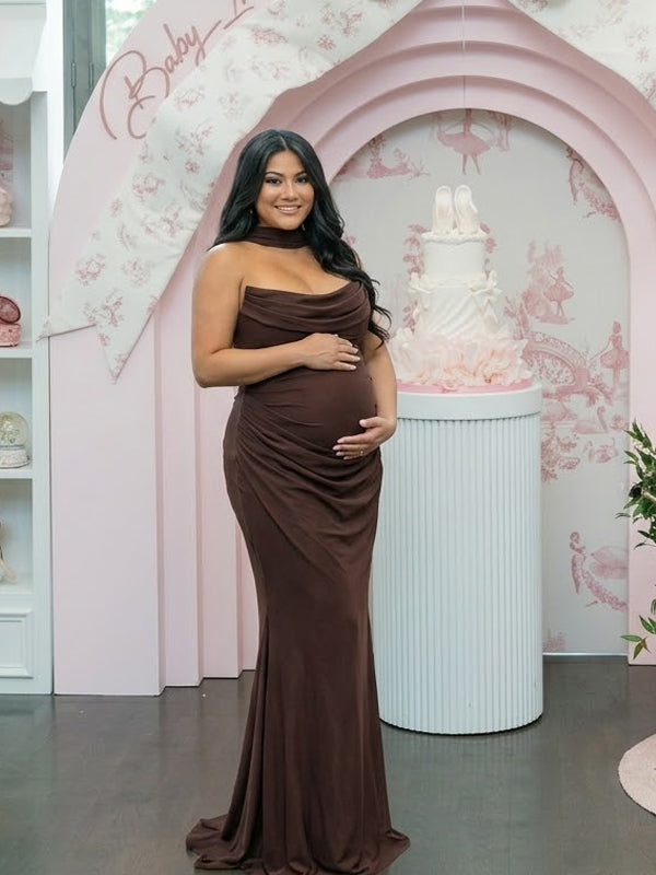 Bruine Mesh Straploze Bodycon Zwangerschaps Maxi Jurk Geplooid Design