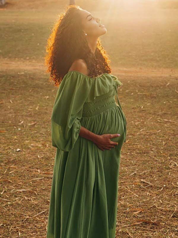 Mumsmode Zwangerschaps Fotoshoot Jurken Elegant Ruches Koord Gedrapeerd Trapeze Off Shoulder Maxi Jurken