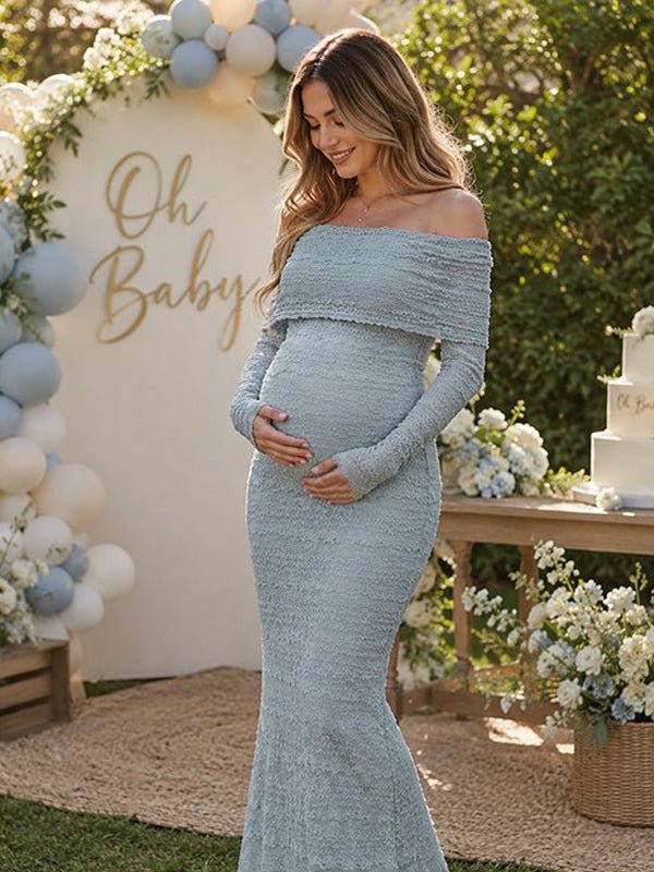 Elegant Blauwe Off Shoulder Kant Zwangerschaps Maxi Jurk