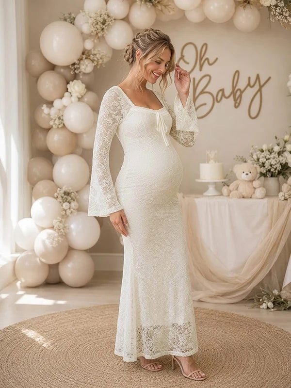 Ivoorwitte Elegante Rugloze Kant Baby Shower Zwangerschaps Maxi Jurk