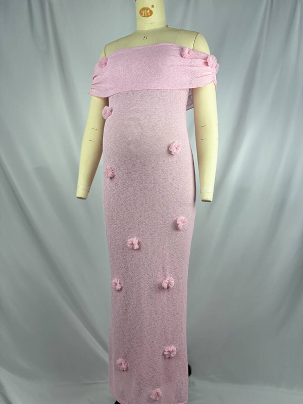 Mumsmode Zwangerschaps Maxi BabyShower Jurk Chique Off Shoulder Tule 3D Bloemen Bodycon