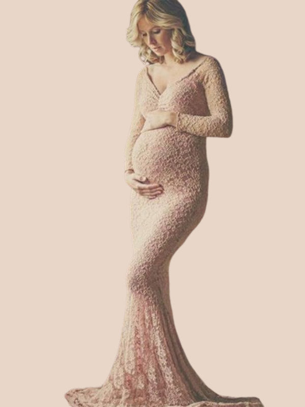 Mumsmode Zwangerchaps Trouw Roze Kanten Zeemeermin Bodycon Maxi Jurk Elegant Mode