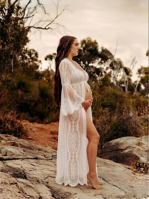 Witte Boho Zwangerschaps Strandjurk Kant Bikini Cover-Up Fotoshoot Vakantie