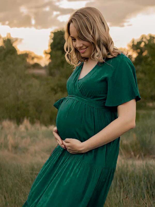 Mumsmode Zwangerchaps Maxi Fotoshoot Jurk Elegant Riem Gekreukt V-hals Korte Mouw Donkergroen
