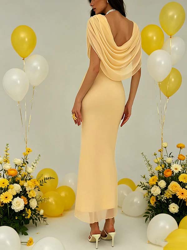 Mumsmode Chique Bodycon Tule Gekreukt Rugloos Gedrapeerde Kraag Babyshower Zwangerschaps Maxi Jurk
