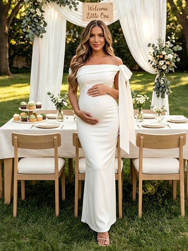 Zwangerschaps Maxi Jurk Off-Shoulder Bandeau Vetersluiting Bodycon