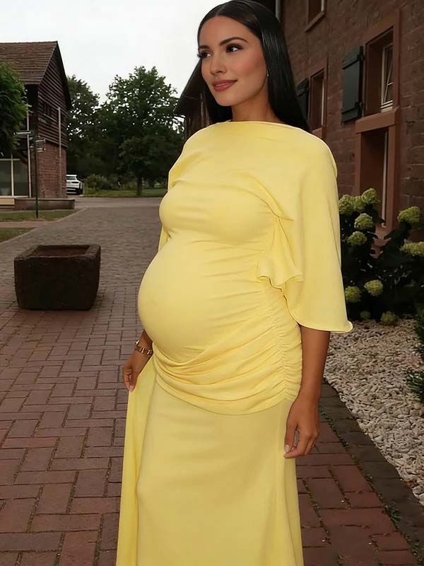 Mumsmode Zwangerschaps Maxi Jurk Babyshower Ceremonie Chique Rugloos Zijsplit Gedrapeerd Gekreukt Geel