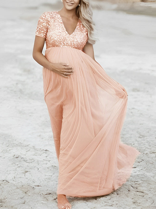 Mumsmode Zwangerchaps Maxi Fotoshoot Jurken Elegant Pailletten Tule Roze BabyShower