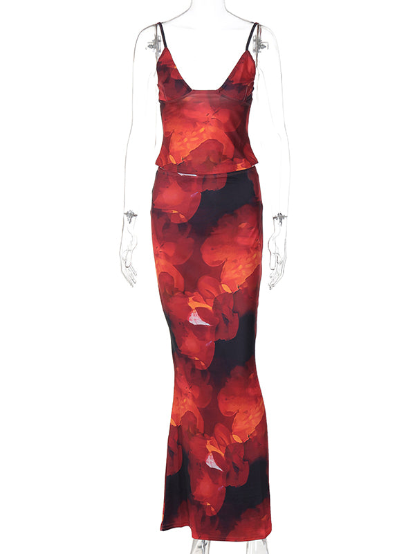 Mumsmode Chique Rood 2-in-1 Bodycon Spaghetti Bloemenprint Zwangerschaps Maxi Jurk