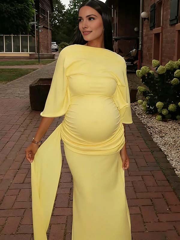 Mumsmode Zwangerschaps Maxi Jurk Babyshower Ceremonie Chique Rugloos Zijsplit Gedrapeerd Gekreukt Geel