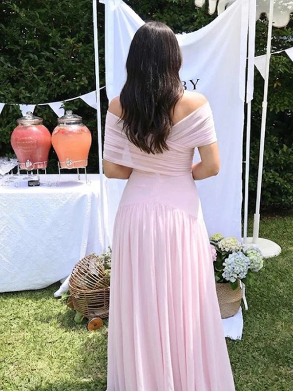 Roze Zwangerschaps Maxi Jurk Off Shoulder Gekruiste Hals Geplooid Tule