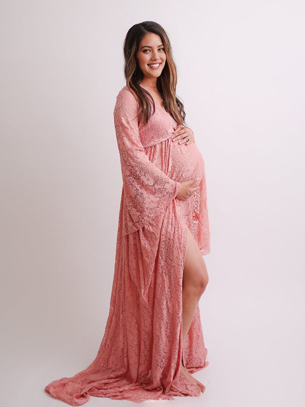 Zwangerschaps Maxi Jurk Boho Doorzichtige Kanten Zijsplit Flare Mouwen