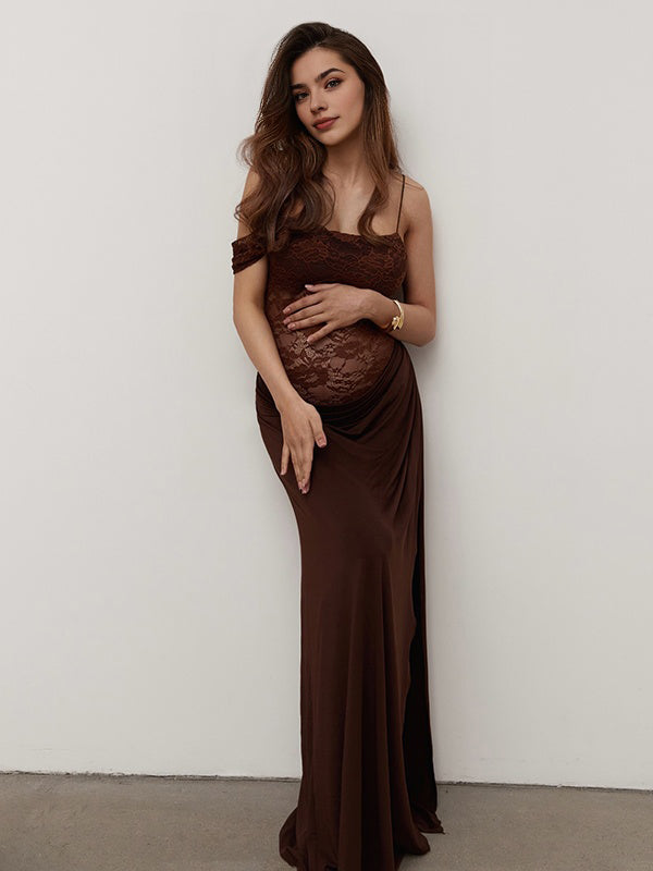Mumsmode Chique Bruin Kanten Patchwork Onregelmatig Een Open Schouder Bodycon Fotoshoot Zwangerschaps Maxi Jurk