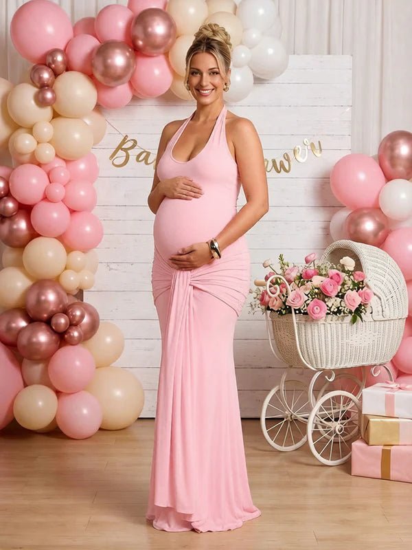 Zwangerschaps Maxi Jurk Bodycon Gedrapeerd Halterhals Rugloos