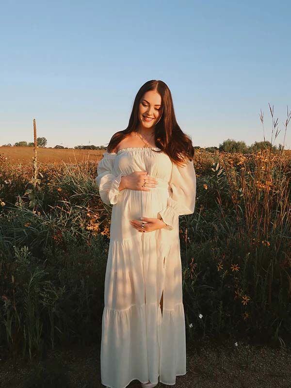 Mumsmode Zwangerschaps Daily Jurken Boheems Fotoshoot Ruches Zijsplit Off Shoulder Maxi Jurken
